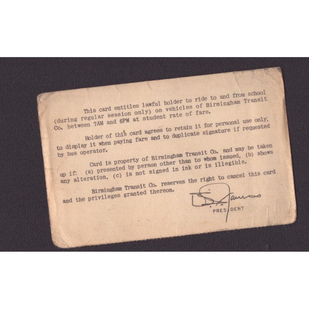 1963 Birmingham Transit Co Woodlawn High School Student ID Card John Lowery - Picture 2 of 2